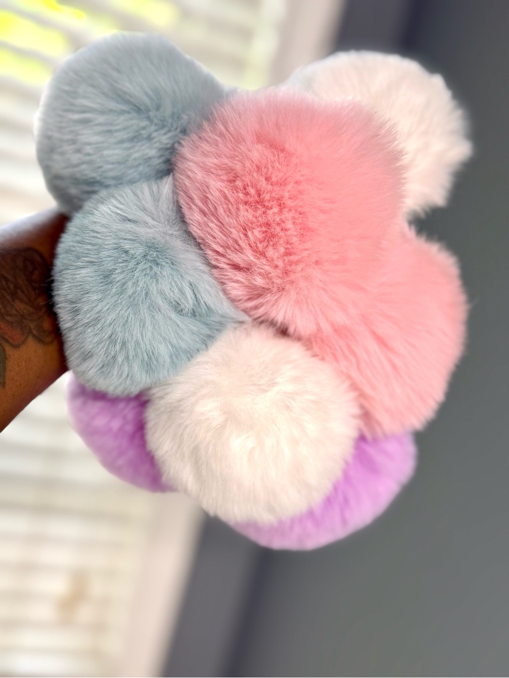 Pastel Faux Fur Pom Pom with Braided Wristlet Strap - Picture 3 of 4
